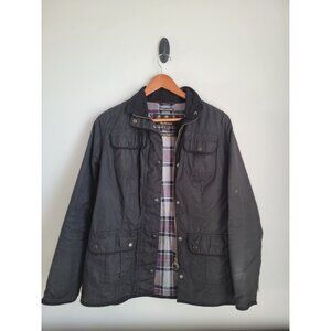 Barbour Utility Coat Waxed Jacket L1093 Womens UK 12 US 8 M Black Tartan Plaid